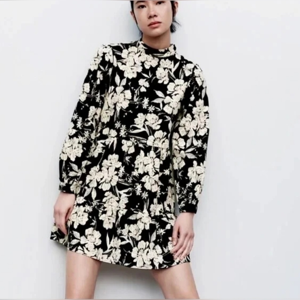 Zara Women's High Neck Floral Black and White Long Sleeve Mini Dress Size XS